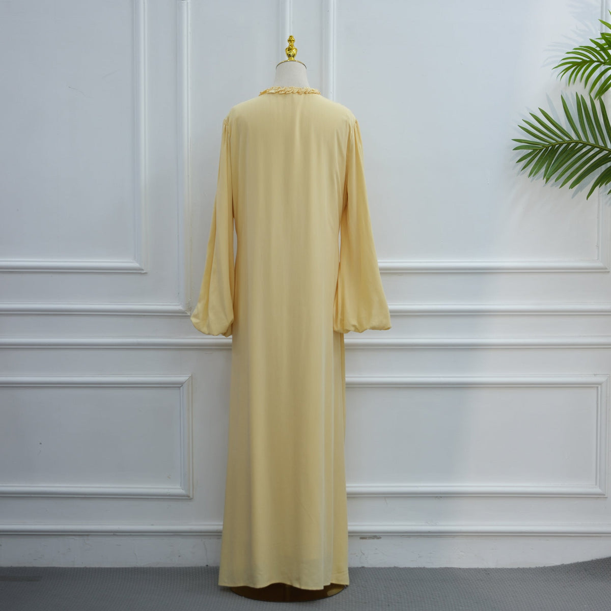 Ruffle-Trim Tie-Front Open Abaya | Lined Balloon-Sleeve Maxi Cardigan(MOA358) - Mariam's Collection