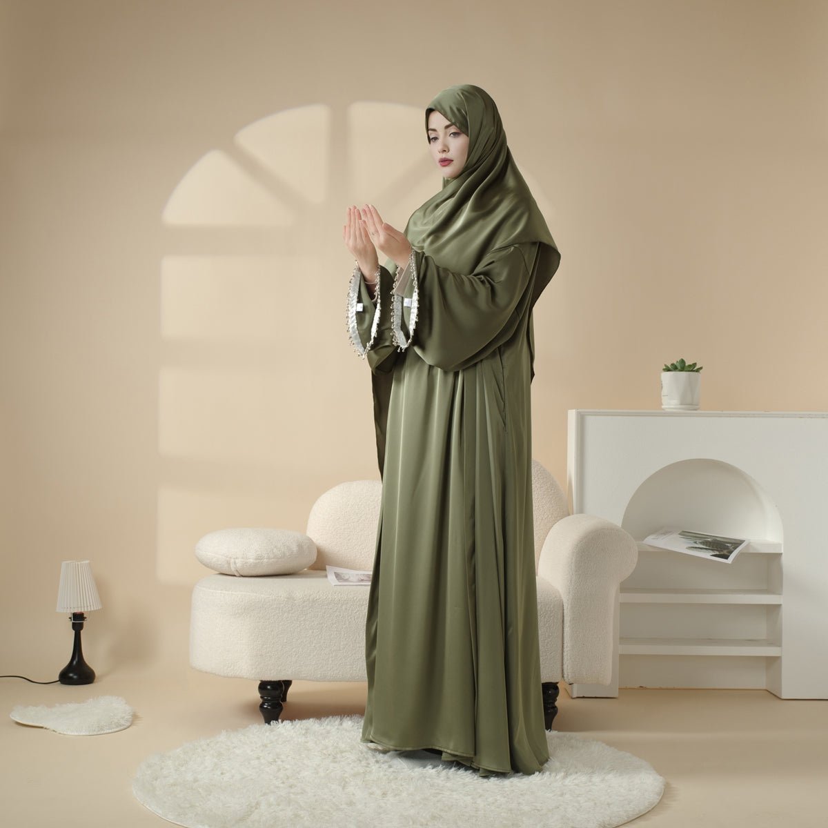 Satin Abaya With Matching Belt Made Of Diamond Tassel (MOA010) - Mariam's Collection