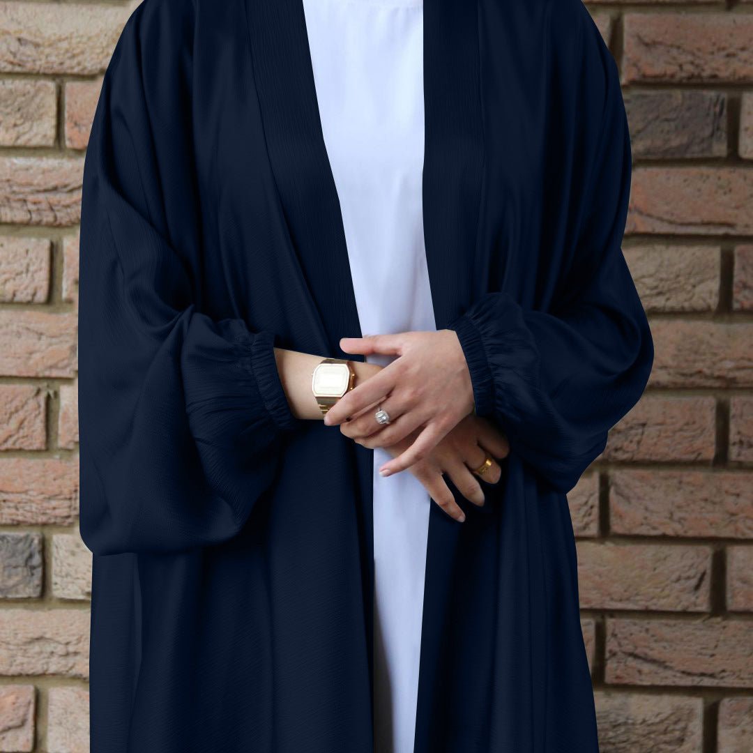 Satin Bunched Sleeve Open Abaya (MOA048) - Mariam's Collection