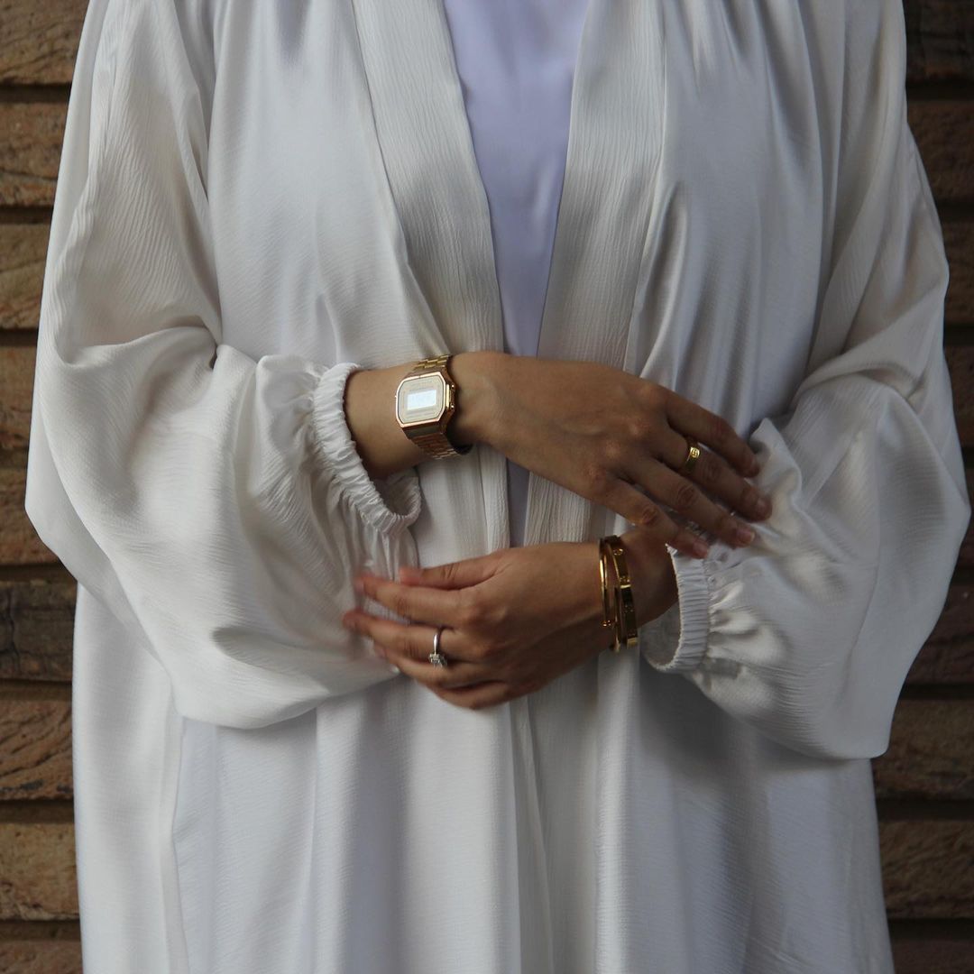 Satin Bunched Sleeve Open Abaya (MOA048) - Mariam's Collection