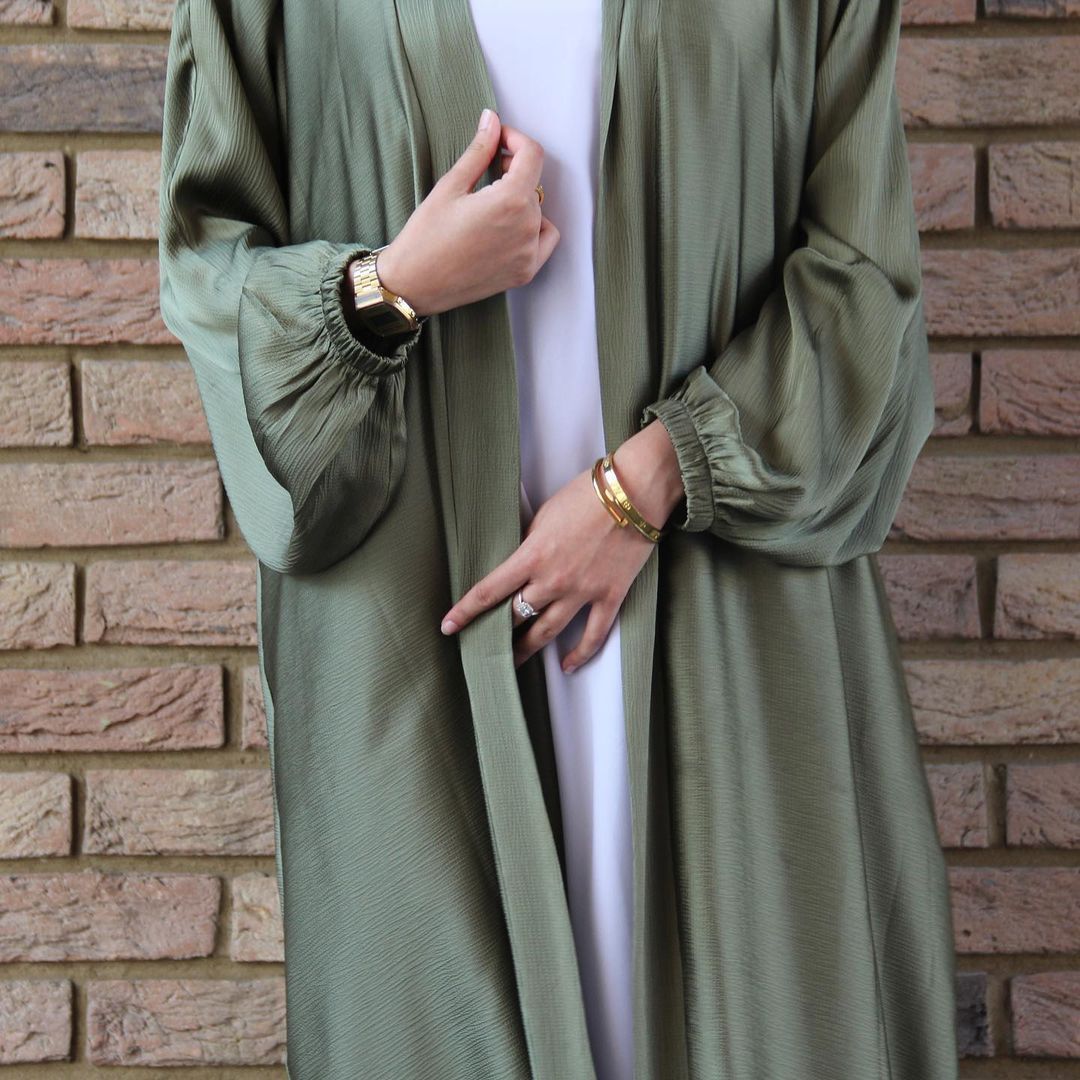 Satin Bunched Sleeve Open Abaya (MOA048) - Mariam's Collection