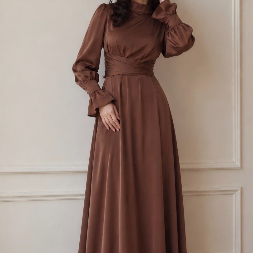 Satin Cross-Wrap Waist Maxi Dress(MS506) - Mariam's Collection