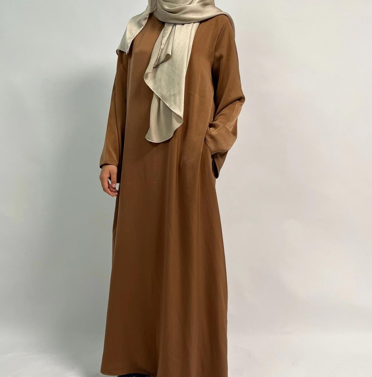 Satin Double Pocket Concealed Button Plain Abaya (MA030) - Mariam's Collection