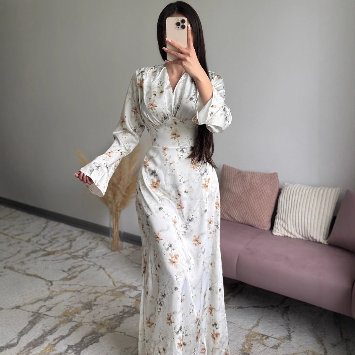 Satin Floral V-Neck Maxi Dress – Floral Print Satin Abaya