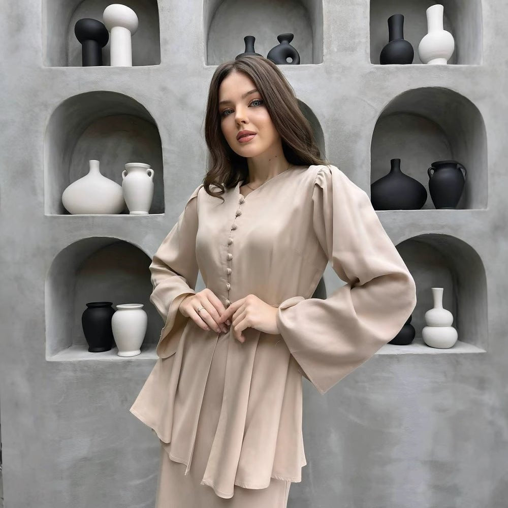 Satin Peplum Top & Skirt Set | Bell Sleeve Two - Piece Outfit(MS229) - Mariam's Collection