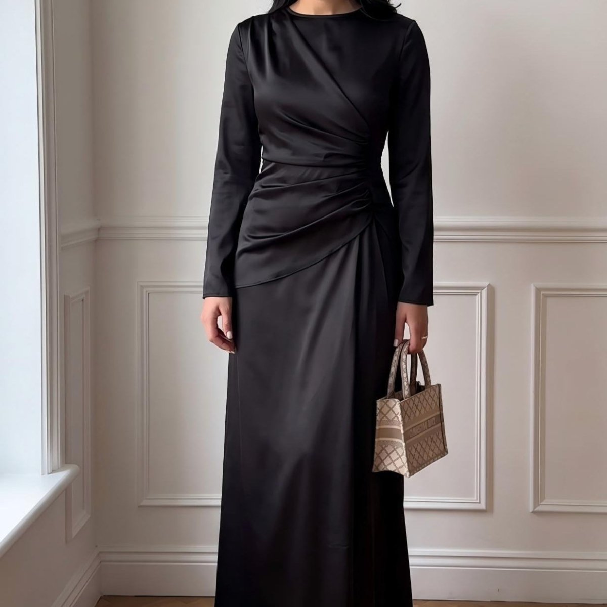 Satin Ruched Waist Long Sleeve Maxi Dress(MS497) - Mariam's Collection