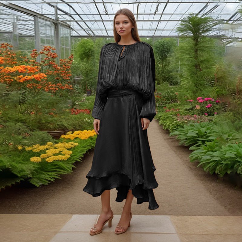 Satin Tie - Neck Blouson Dress(MS354) - Mariam's Collection