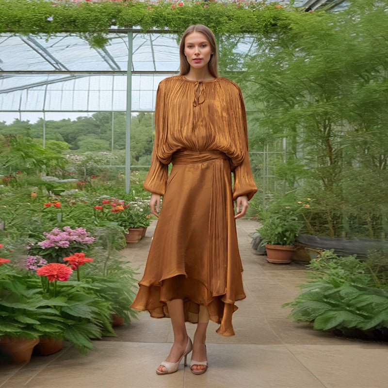 Satin Tie - Neck Blouson Dress(MS354) - Mariam's Collection