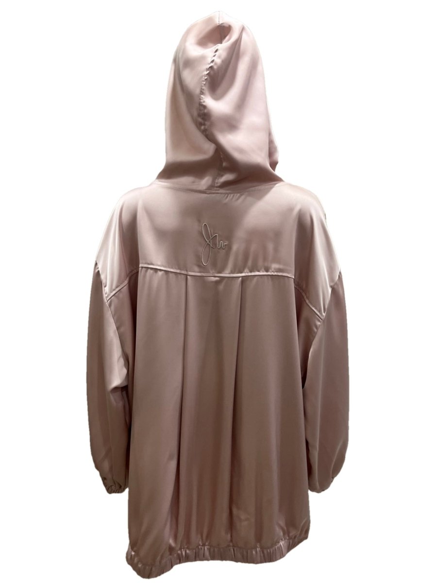 Front view of satin hooded pullover top with blouson hem and dropped shoulders