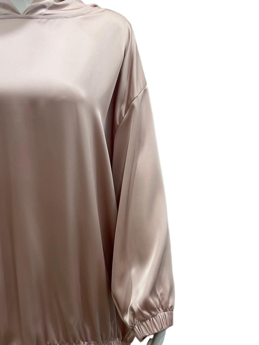 Full-length side view of satin A-line maxi skirt with elasticated waistband