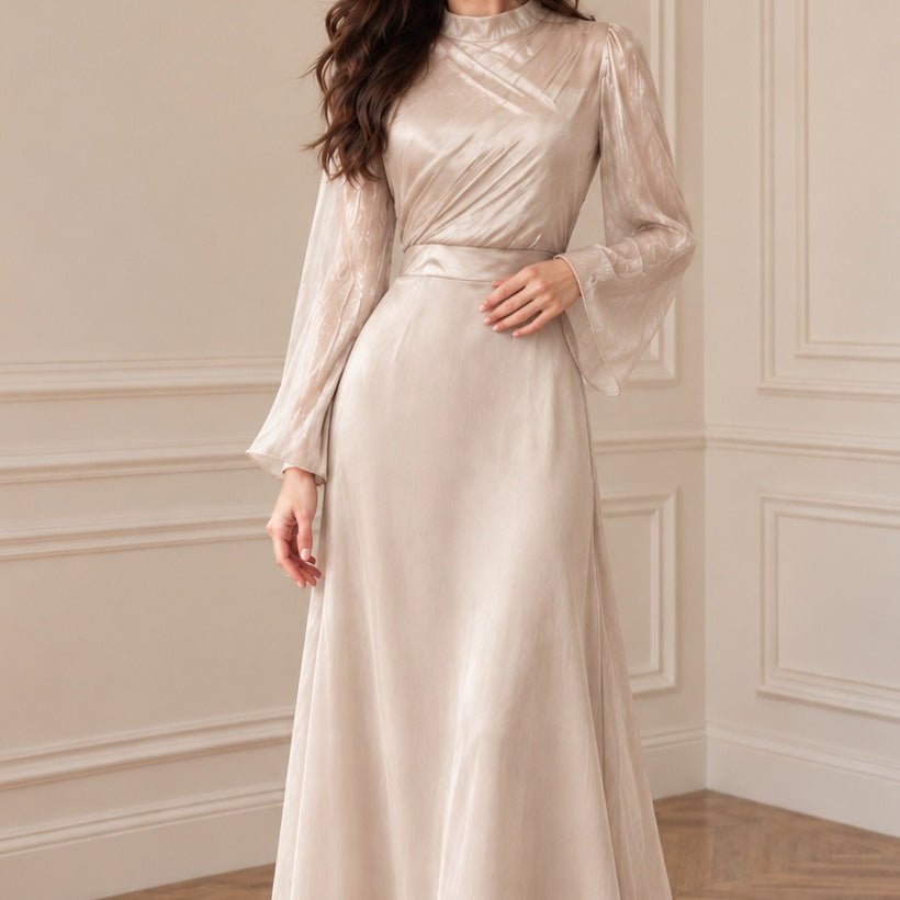 Semi-Sheer Sleeve Waist-Defined Maxi Dress | Elegant A-Line Occasion Gown(MS575) - Mariam's Collection