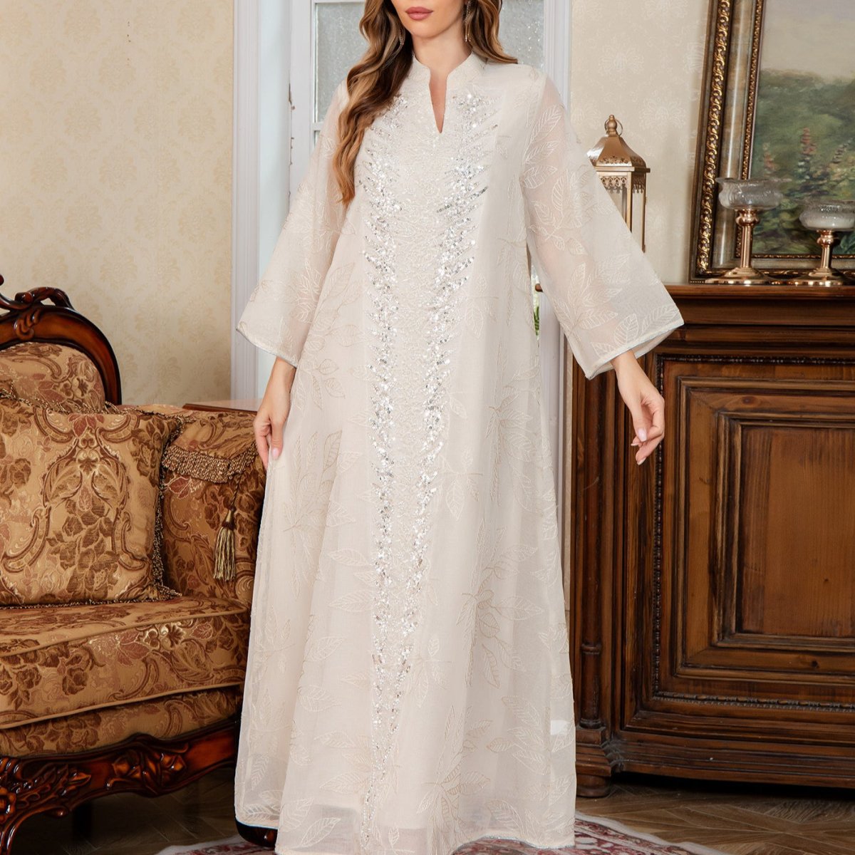 Blue sequin modest evening gown with mandarin collar and V-notch neckline