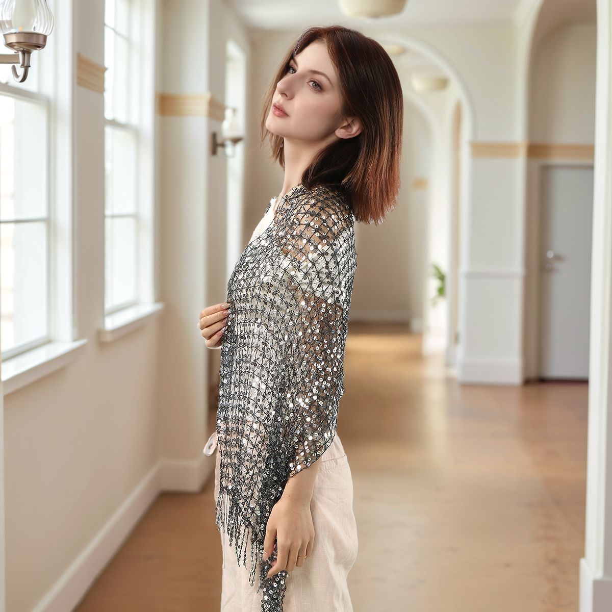 Sequin Mesh Shawl Hijab with Fringe(MH206) - Mariam's Collection