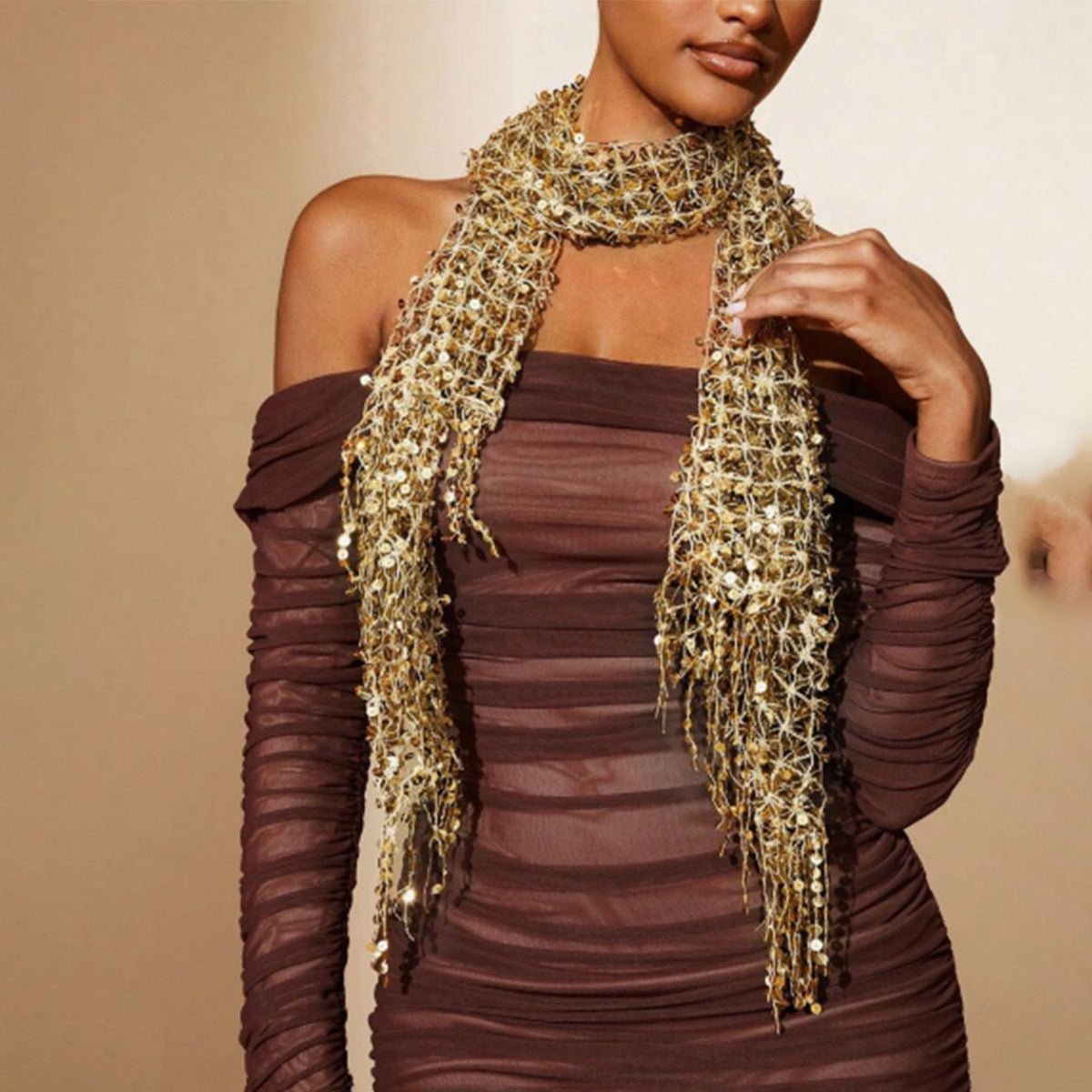 Sequin Mesh Shawl Hijab with Fringe(MH206) - Mariam's Collection