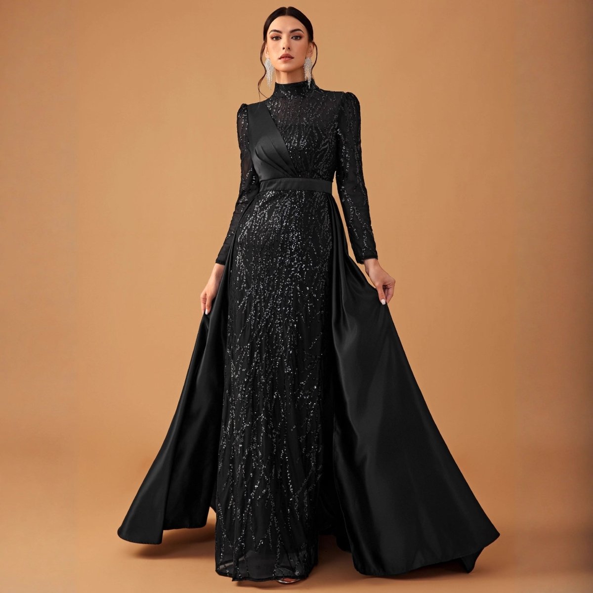 Sequin & Satin Cape Gown | High Neck Evening Dress(MA347) - Mariam's Collection