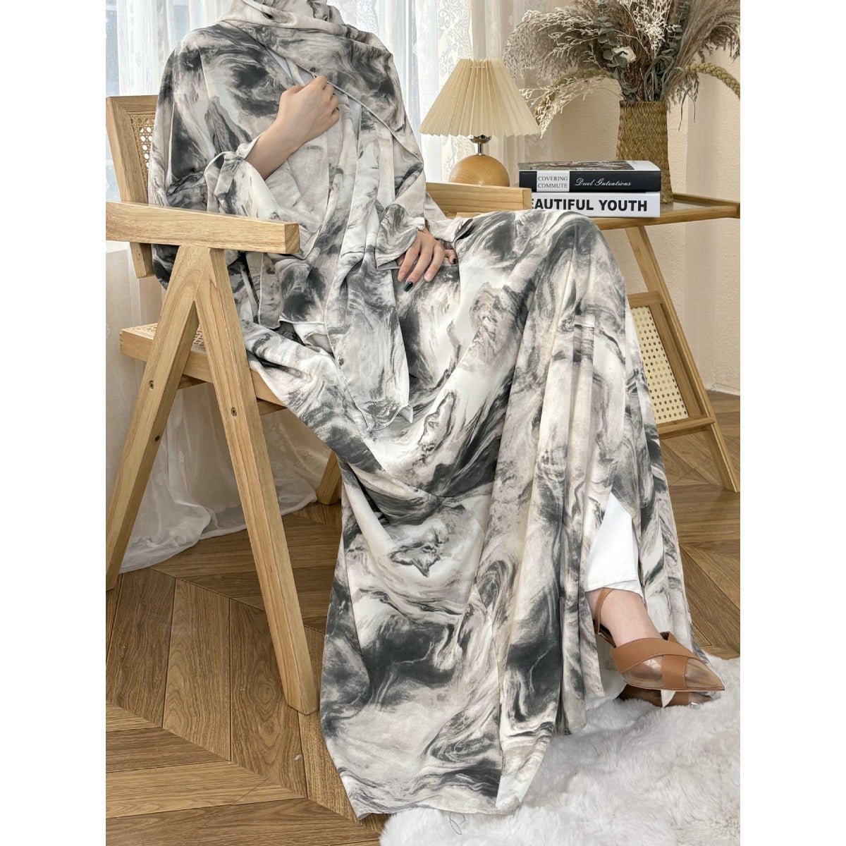 Serene Ink Wash Abaya Collection | Watercolor Print Cardigan with Matching Hijab. (MOA178) - Mariam's Collection