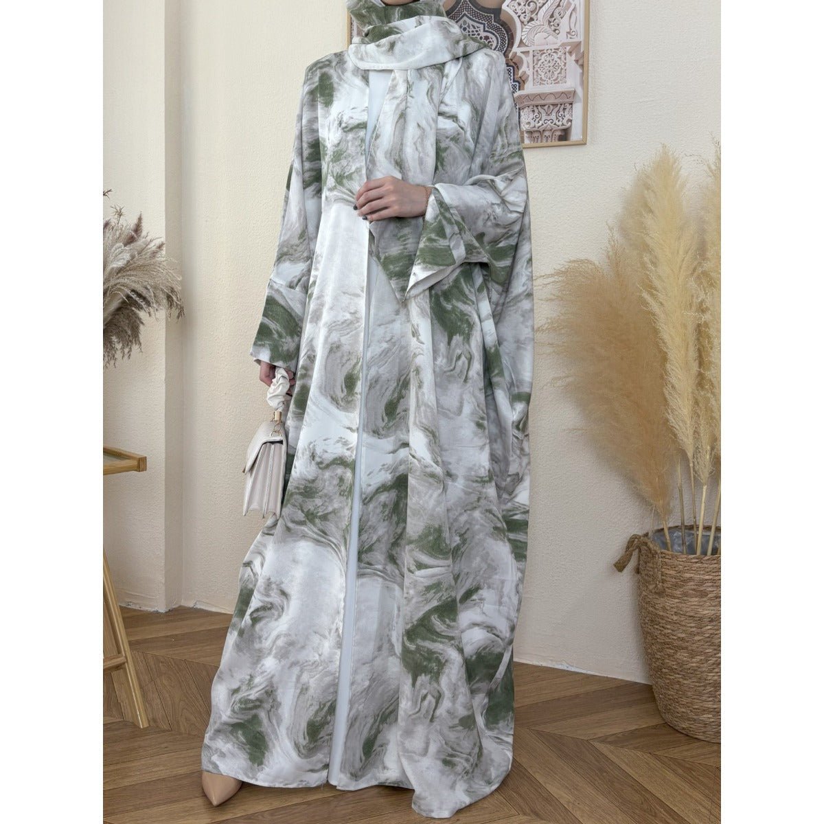 Serene Ink Wash Abaya Collection | Watercolor Print Cardigan with Matching Hijab. (MOA178) - Mariam's Collection