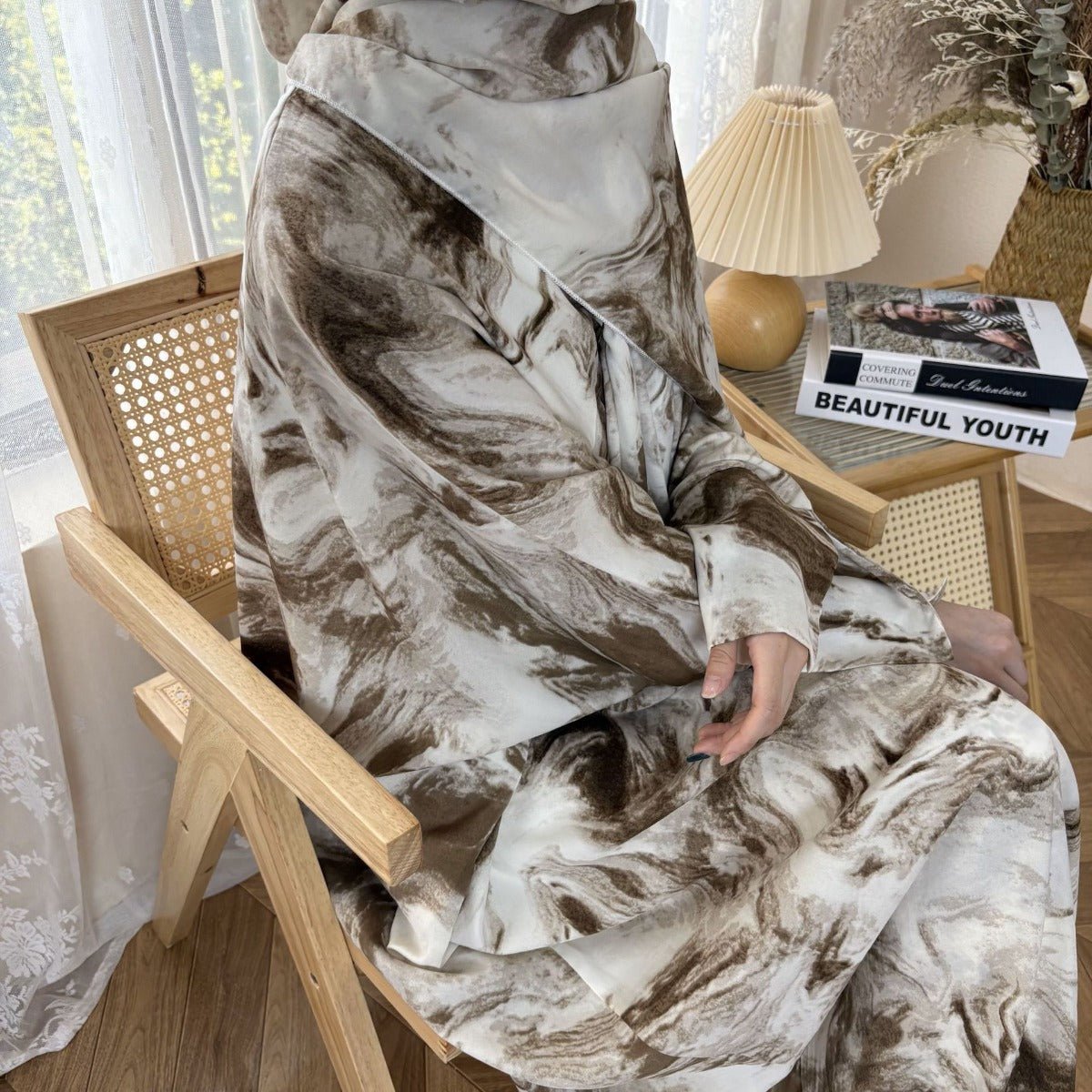 Serene Ink Wash Abaya Collection | Watercolor Print Cardigan with Matching Hijab. (MOA178) - Mariam's Collection