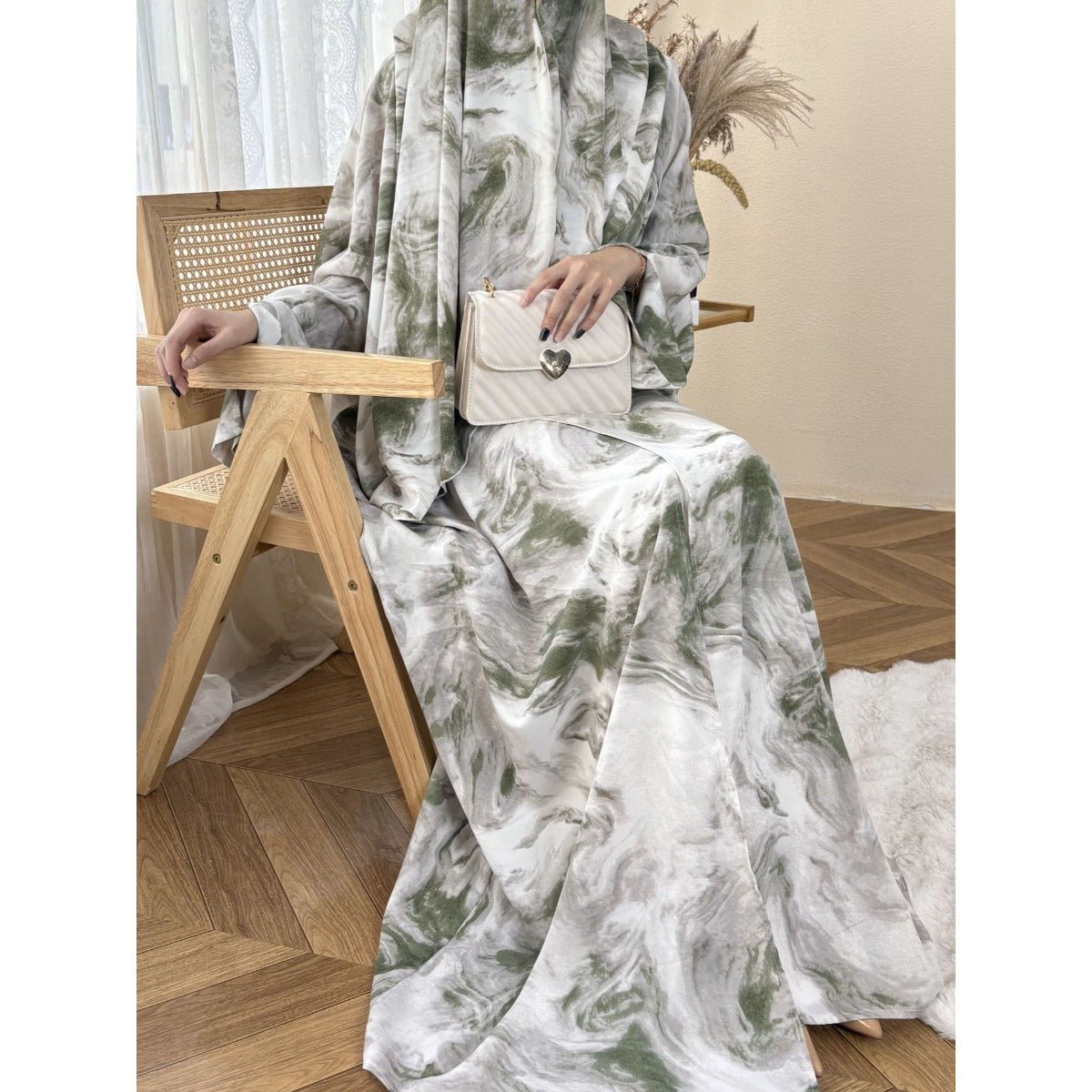 Serene Ink Wash Abaya Collection | Watercolor Print Cardigan with Matching Hijab. (MOA178) - Mariam's Collection