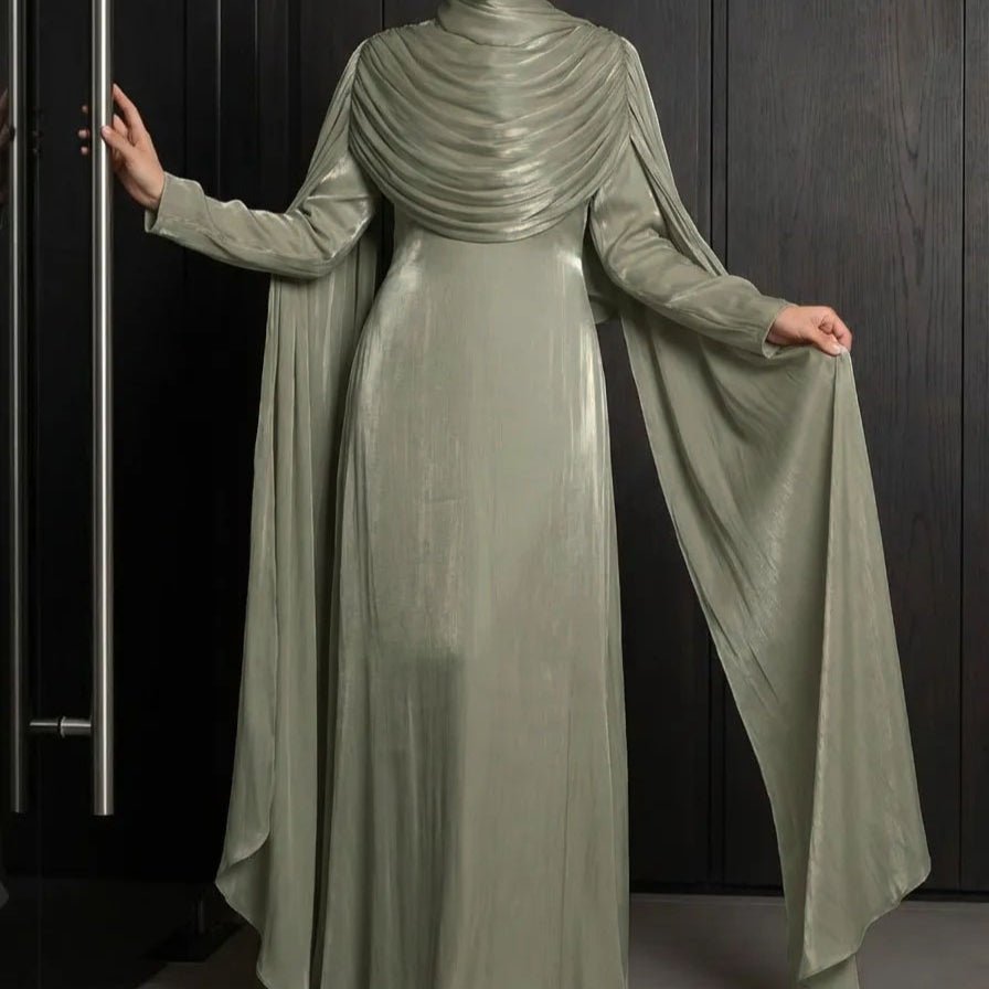 Back view of floor-length shimmer abaya dress