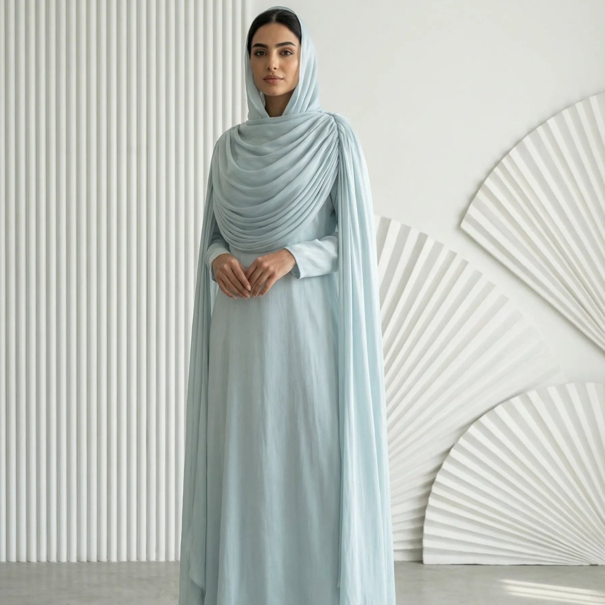 Cape raglan sleeve sweeping floor-grazing shimmer abaya