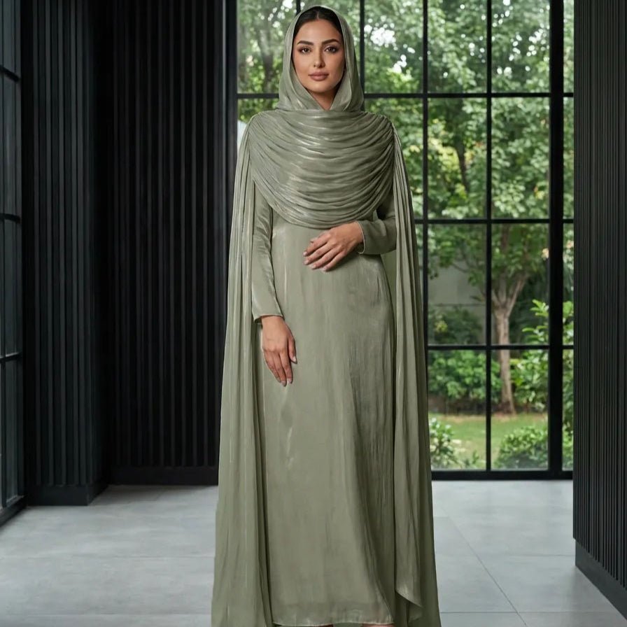 Draped shoulder pleat detail on shimmer island silk abaya