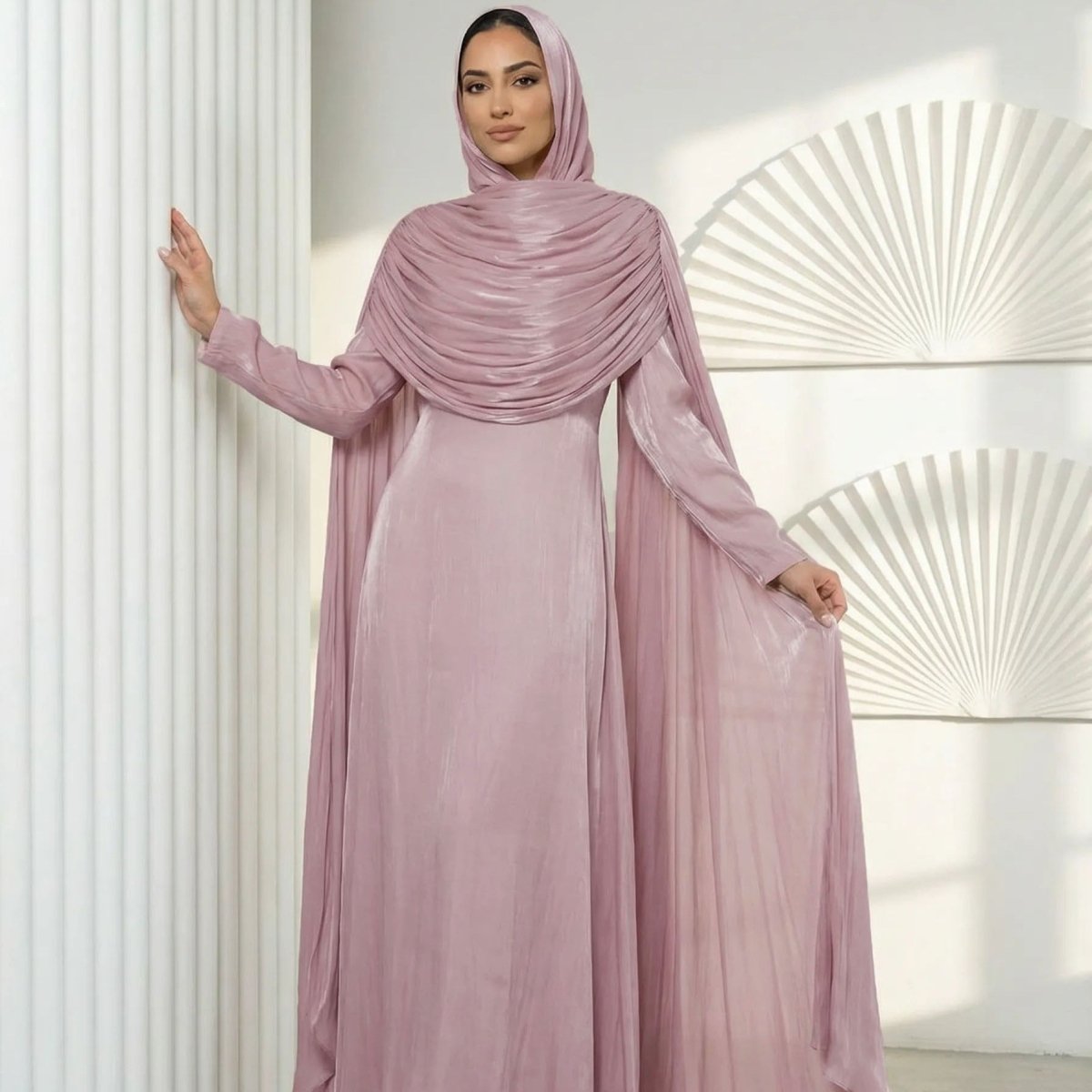 Matching shimmer island silk hijab pre-styled