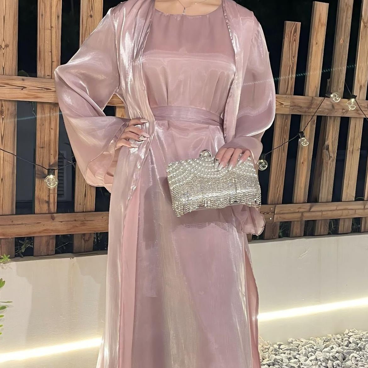 Shimmer Silk Abaya Set | Two - Piece Modest Maxi Dress with Cardigan(MOA259) - Mariam's Collection