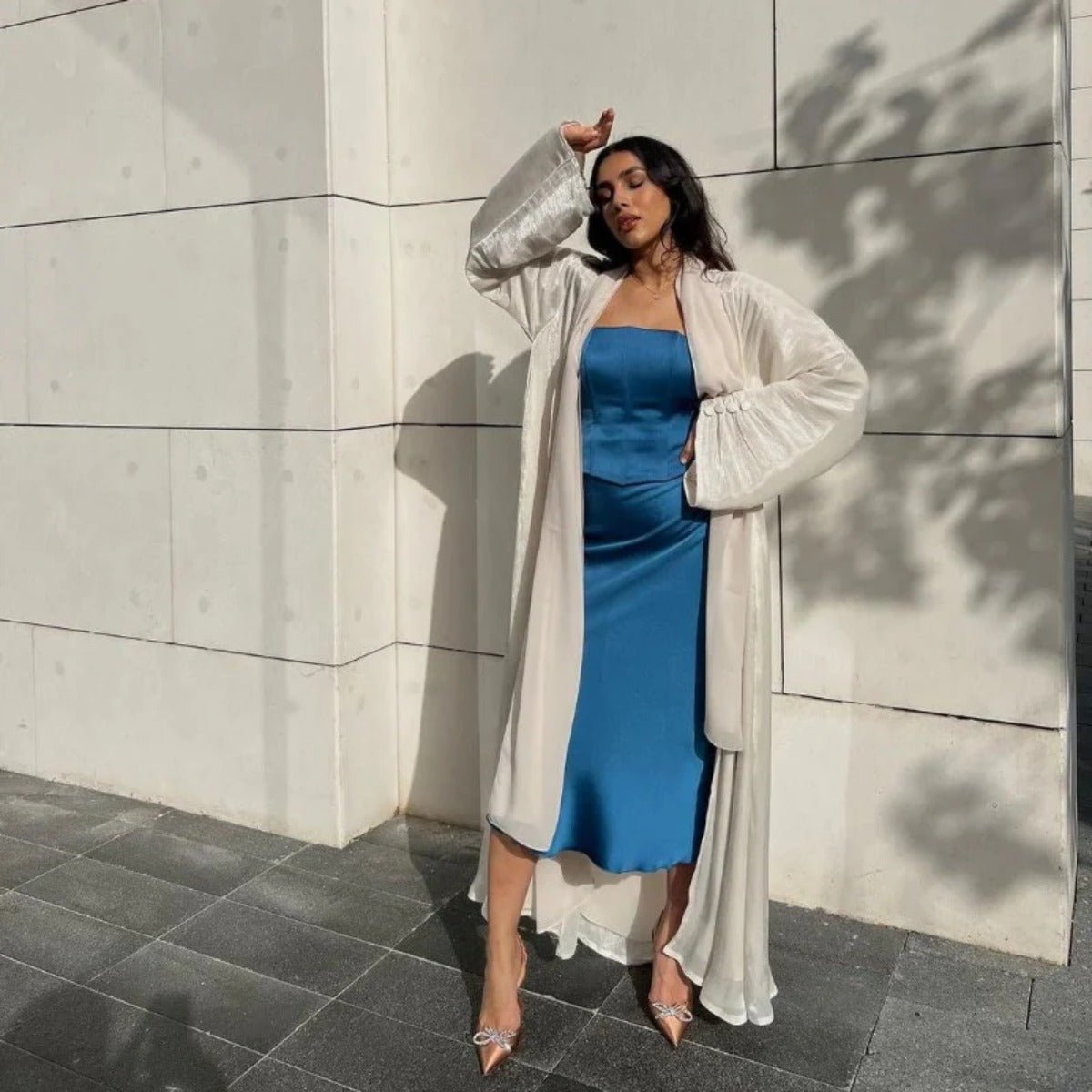 Shiny Satin Open Abaya | Shiny Abaya With Flying Sleeves (MOA141) - Mariam's Collection