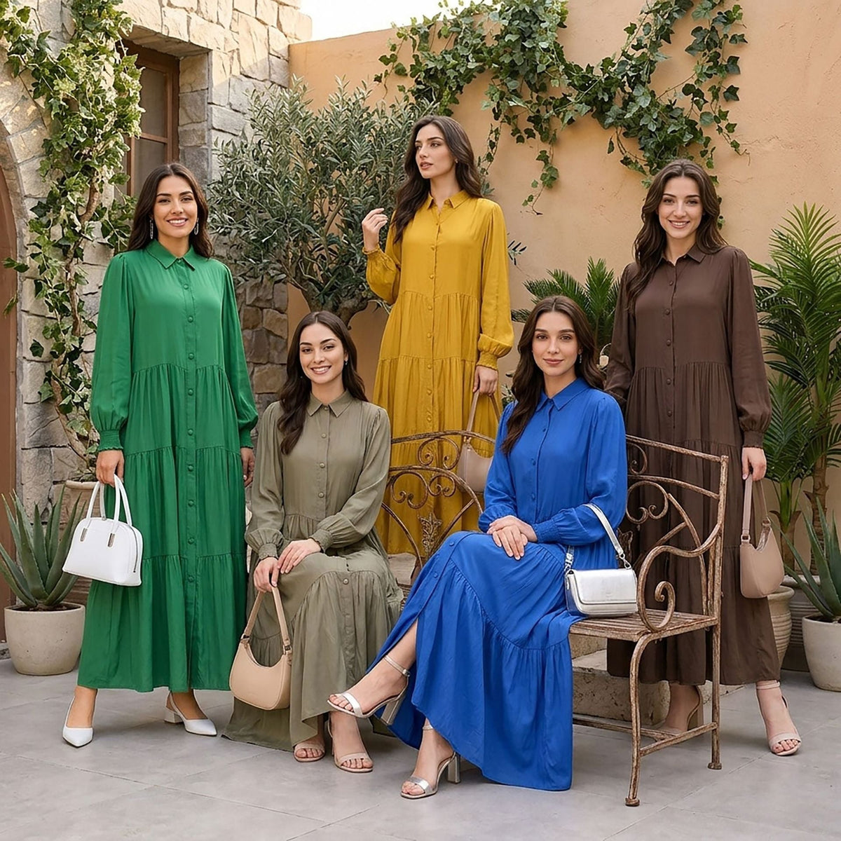 Tiered Maxi Dress with Shirt Collar – Button-Down Modest Dress