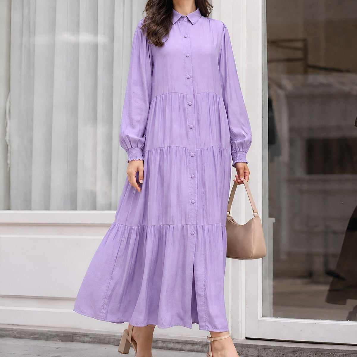Lustrous fabric drape and sheen detail on shirt collar casual abaya dress