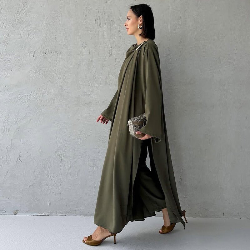 Side Slit Round Neck Maxi Dress Abaya with Matching Pants 2 - Piece(MA306) - Mariam's Collection