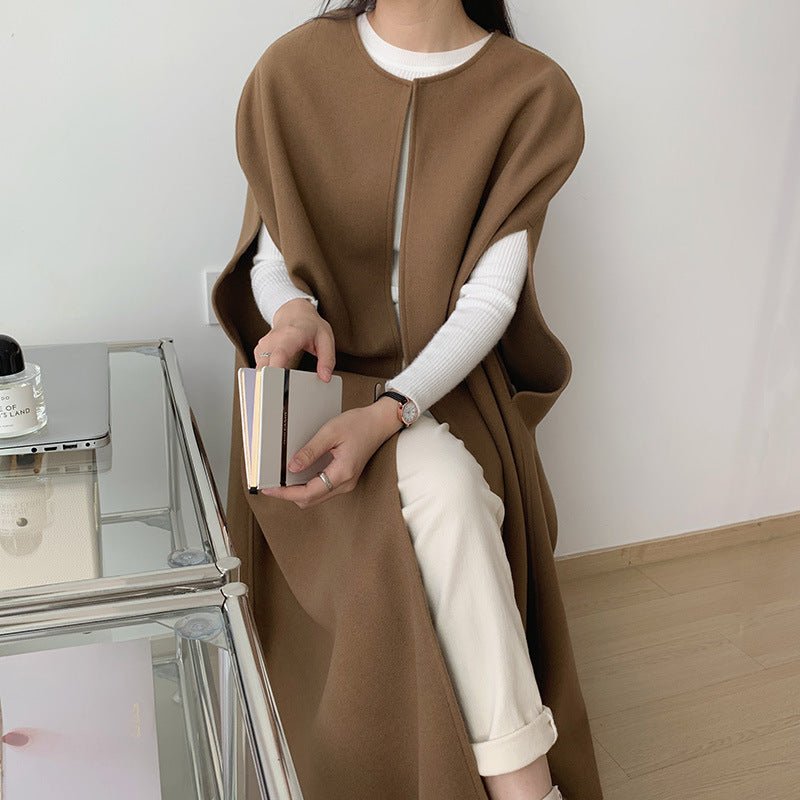 Sleeveless Cape Vest | Minimalist Long Wool - Blend Gilet Coat(MS204) - Mariam's Collection