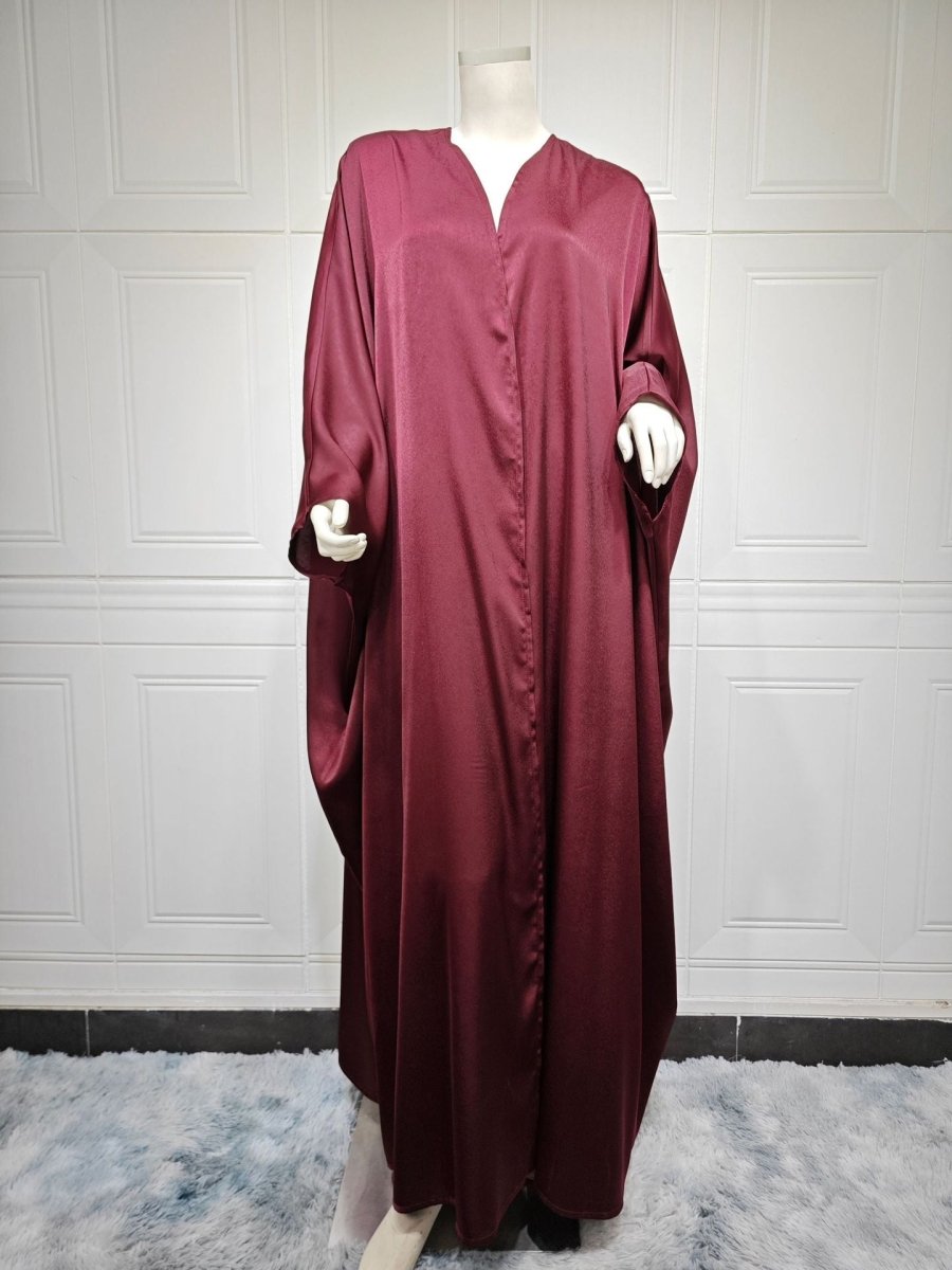 Soft Forged Bat Sleeve Abaya Robe | V - Neck Satin Cardigan Dress(MOA224) - Mariam's Collection