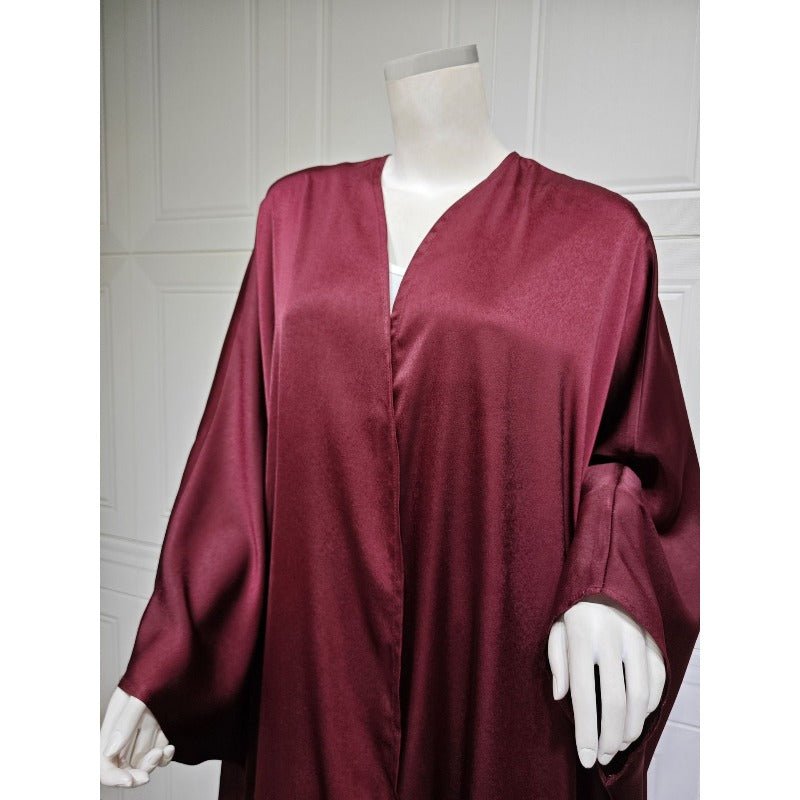 Soft Forged Bat Sleeve Abaya Robe | V - Neck Satin Cardigan Dress(MOA224) - Mariam's Collection