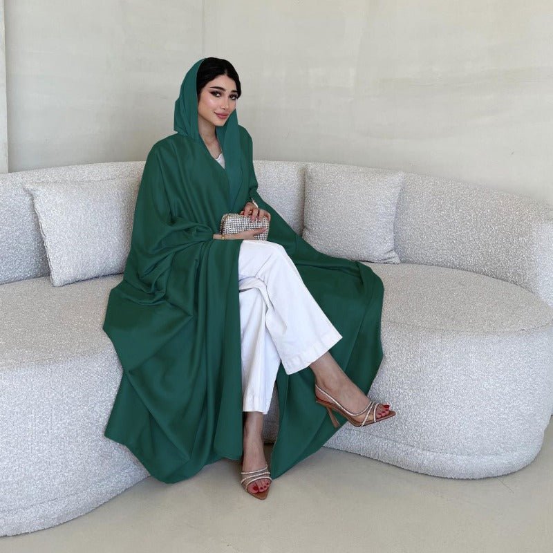 Soft Forged Bat Sleeve Abaya Robe | V - Neck Satin Cardigan Dress(MOA224) - Mariam's Collection