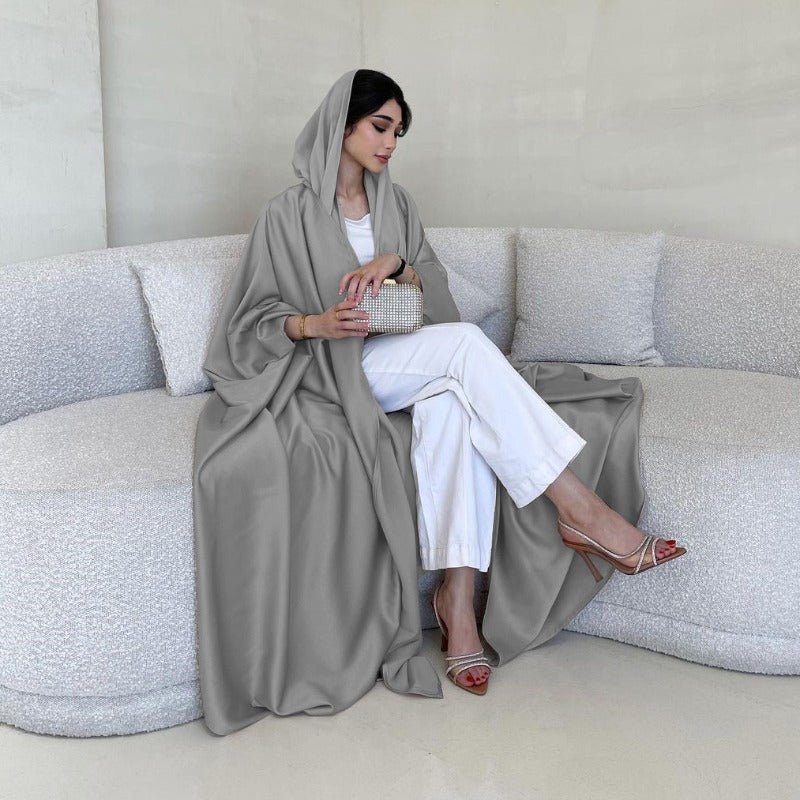Soft Forged Bat Sleeve Abaya Robe | V - Neck Satin Cardigan Dress(MOA224) - Mariam's Collection