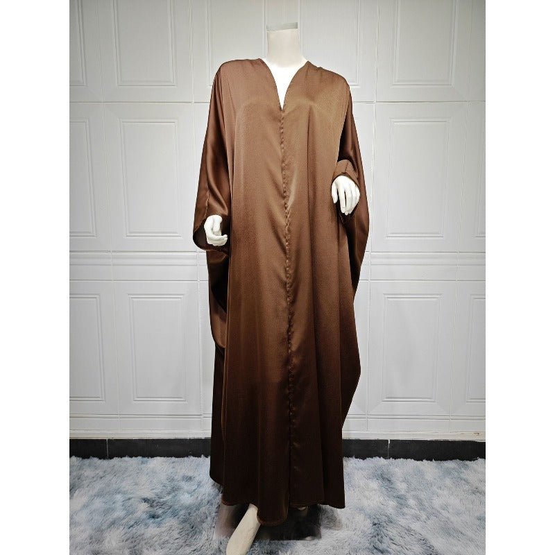 Soft Forged Bat Sleeve Abaya Robe | V - Neck Satin Cardigan Dress(MOA224) - Mariam's Collection