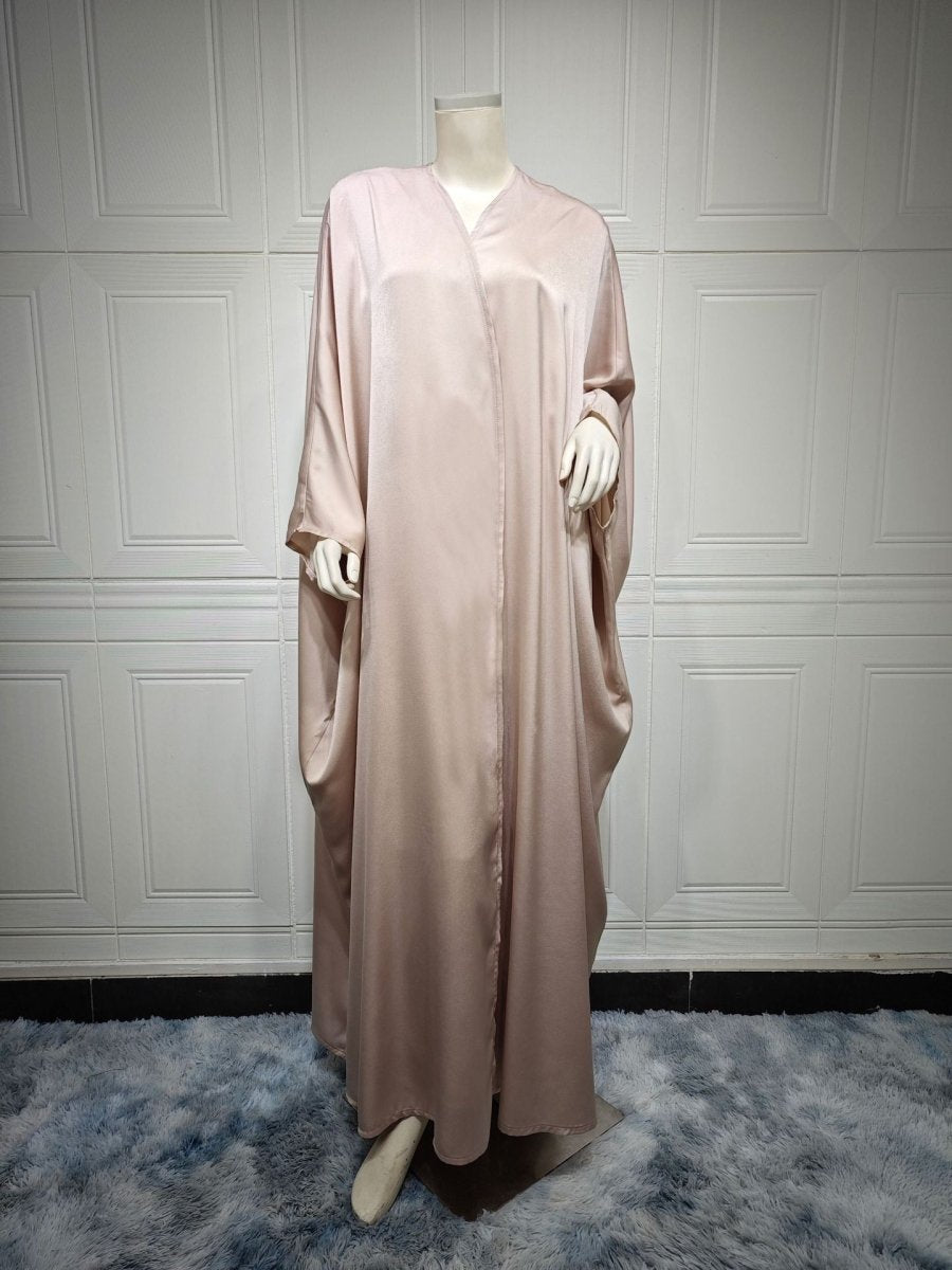 Soft Forged Bat Sleeve Abaya Robe | V - Neck Satin Cardigan Dress(MOA224) - Mariam's Collection