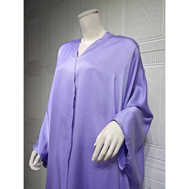 Soft Forged Bat Sleeve Abaya Robe | V - Neck Satin Cardigan Dress(MOA224) - Mariam's Collection