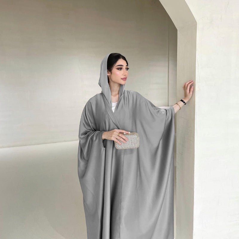 Soft Forged Bat Sleeve Abaya Robe | V - Neck Satin Cardigan Dress(MOA224) - Mariam's Collection