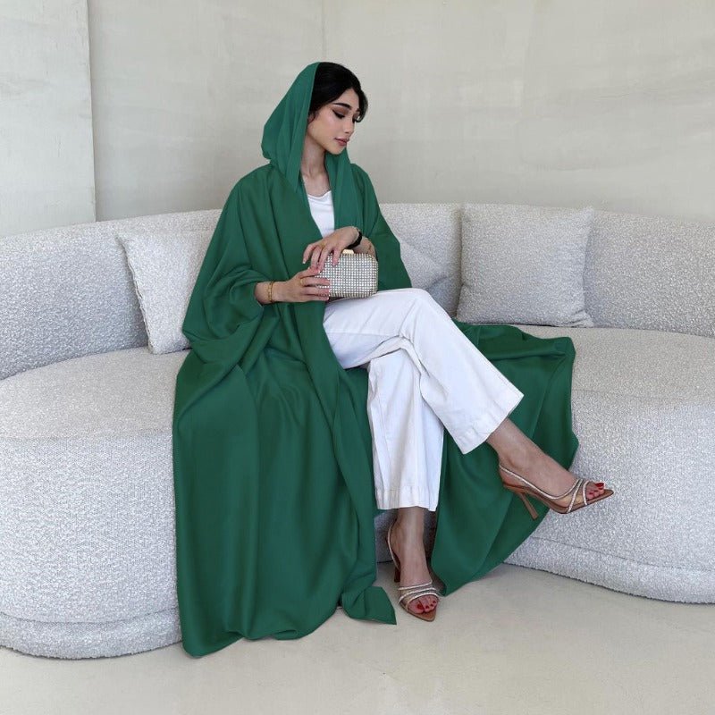 Soft Forged Bat Sleeve Abaya Robe | V - Neck Satin Cardigan Dress(MOA224) - Mariam's Collection