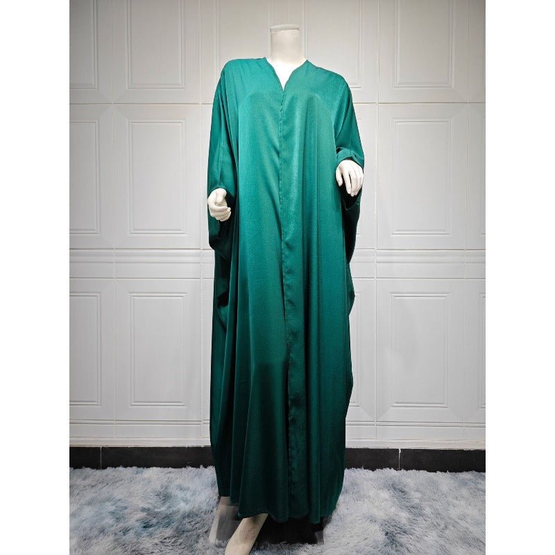 Soft Forged Bat Sleeve Abaya Robe | V - Neck Satin Cardigan Dress(MOA224) - Mariam's Collection