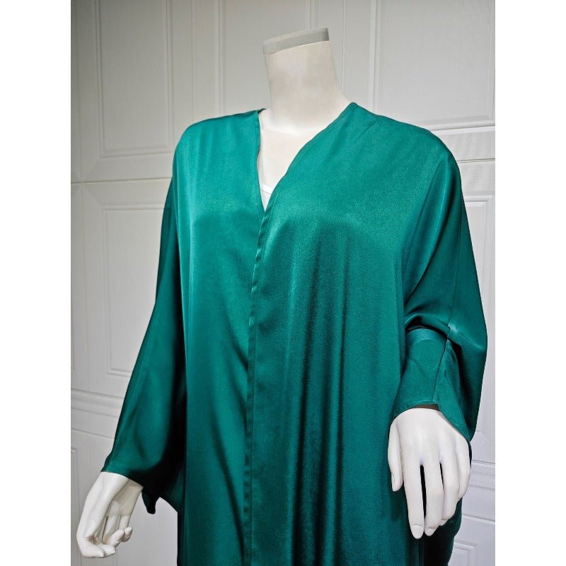 Soft Forged Bat Sleeve Abaya Robe | V - Neck Satin Cardigan Dress(MOA224) - Mariam's Collection