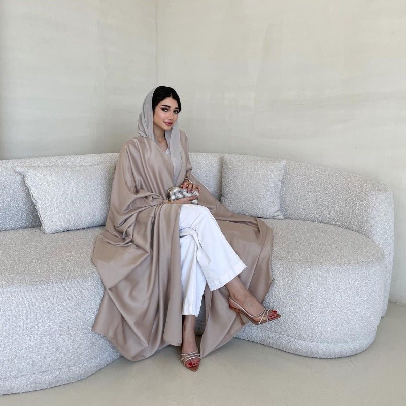 Soft Forged Bat Sleeve Abaya Robe | V - Neck Satin Cardigan Dress(MOA224) - Mariam's Collection