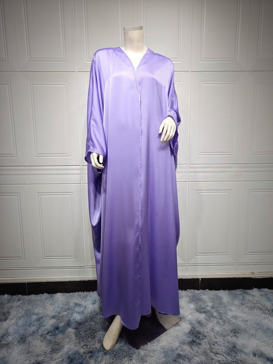 Soft Forged Bat Sleeve Abaya Robe | V - Neck Satin Cardigan Dress(MOA224) - Mariam's Collection