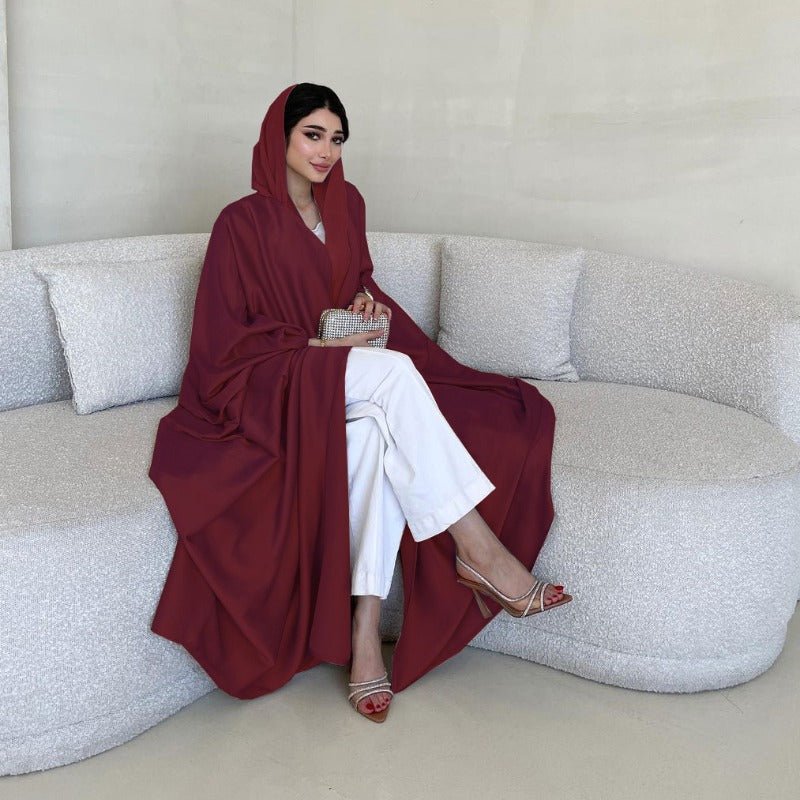 Soft Forged Bat Sleeve Abaya Robe | V - Neck Satin Cardigan Dress(MOA224) - Mariam's Collection