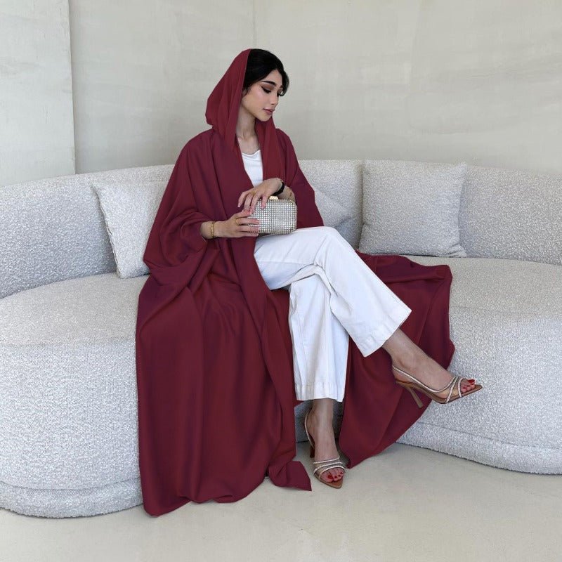 Soft Forged Bat Sleeve Abaya Robe | V - Neck Satin Cardigan Dress(MOA224) - Mariam's Collection