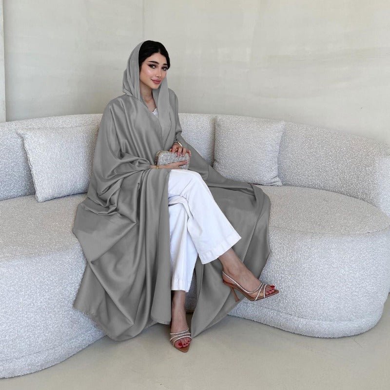 Soft Forged Bat Sleeve Abaya Robe | V - Neck Satin Cardigan Dress(MOA224) - Mariam's Collection