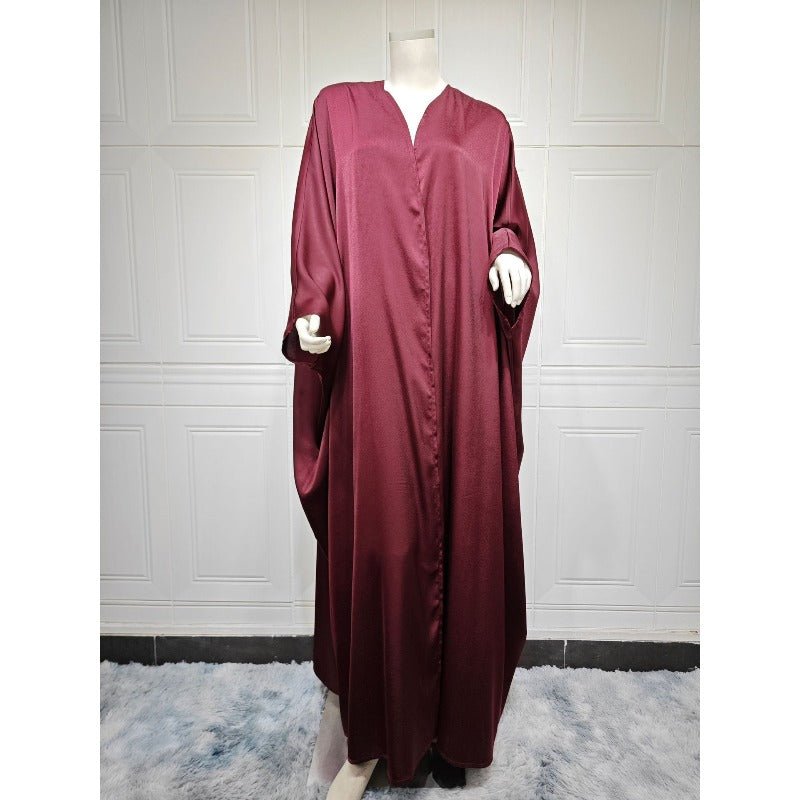 Soft Forged Bat Sleeve Abaya Robe | V - Neck Satin Cardigan Dress(MOA224) - Mariam's Collection